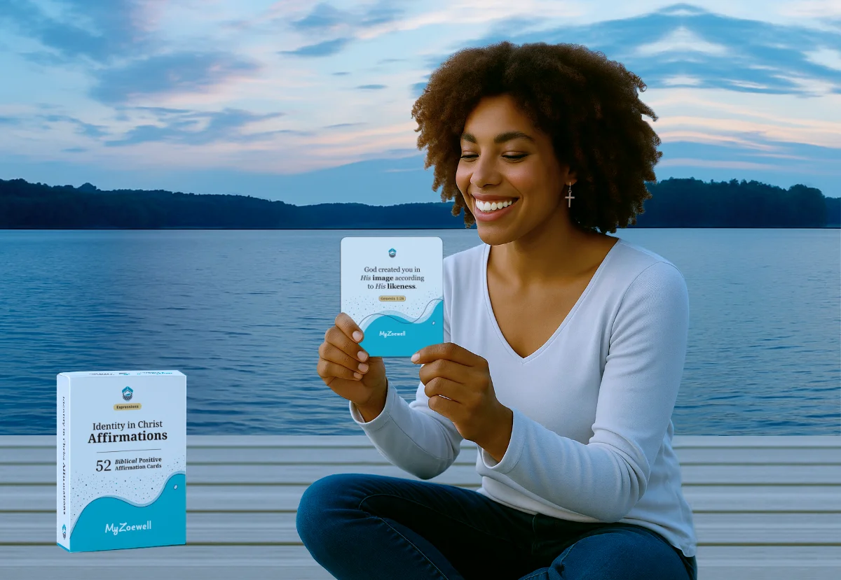 Identity in Christ Affirmations card recited by smiling black woman with natural hair near bright blue lake