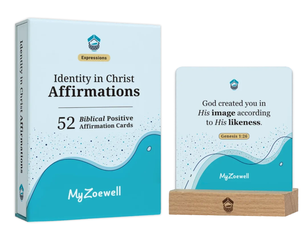 Identity in Christ Affirmations card deck by MyZoewell Expressions featuring biblical positive affirmation cards plus wooden card holder