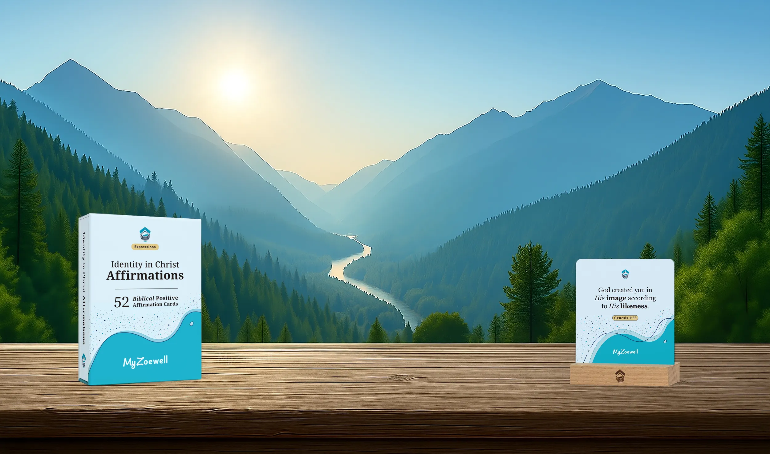 tranquil mountain valley view of Identity in Christ Affirmations card deck box, affirmation card, and affirmation card holder on wooden ledge